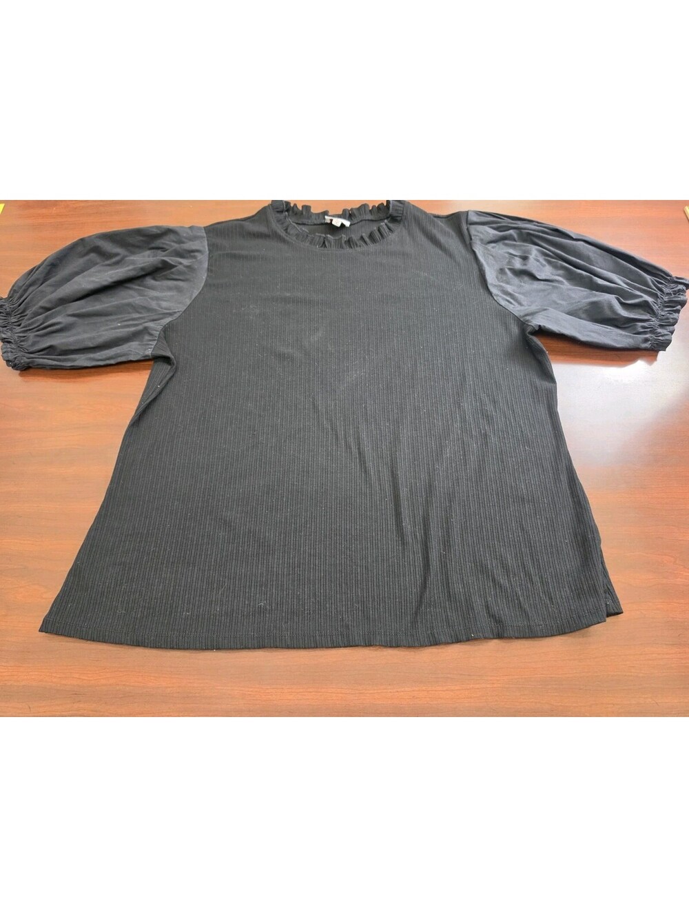 Hayden Los Angeles Black Ribbed Ruffle Mock Neck Top Size 2XL Puff Sleeve Chic